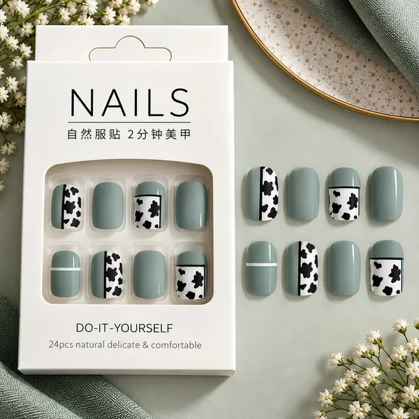 24_Pcs_Sage_Green_Cow_Print_Press_On_Nails_For_Women_Cute_Black_And_White_Cow_Pattern_Artificial_Nails_Trendy_Glossy_Diy_Manicure_Nail_Set