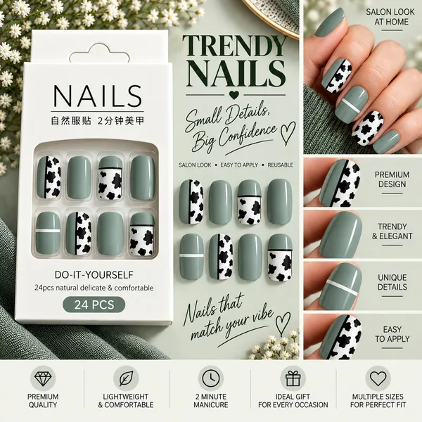 24_Pcs_Sage_Green_Cow_Print_Press_On_Nails_For_Women_Cute_Black_And_White_Cow_Pattern_Artificial_Nails_Trendy_Glossy_Diy_Manicure_Nail_Set