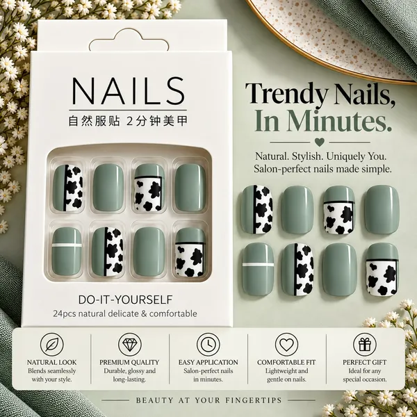 24_Pcs_Sage_Green_Cow_Print_Press_On_Nails_For_Women_Cute_Black_And_White_Cow_Pattern_Artificial_Nails_Trendy_Glossy_Diy_Manicure_Nail_Set