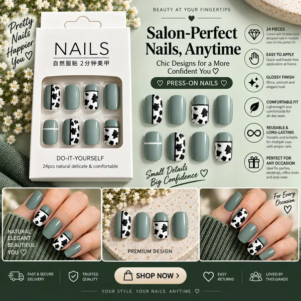 24_Pcs_Sage_Green_Cow_Print_Press_On_Nails_For_Women_Cute_Black_And_White_Cow_Pattern_Artificial_Nails_Trendy_Glossy_Diy_Manicure_Nail_Set