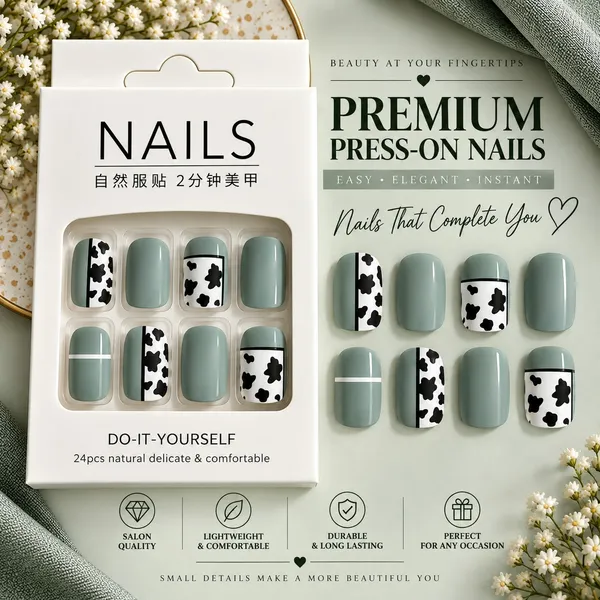 24_Pcs_Sage_Green_Cow_Print_Press_On_Nails_For_Women_Cute_Black_And_White_Cow_Pattern_Artificial_Nails_Trendy_Glossy_Diy_Manicure_Nail_Set