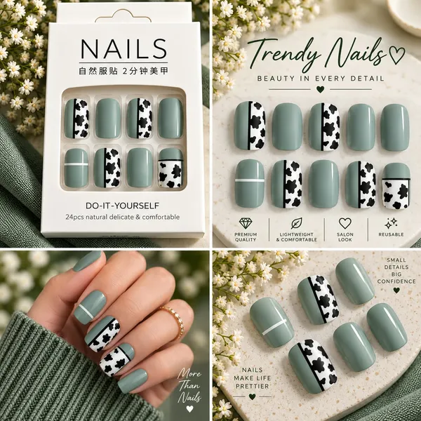 24_Pcs_Sage_Green_Cow_Print_Press_On_Nails_For_Women_Cute_Black_And_White_Cow_Pattern_Artificial_Nails_Trendy_Glossy_Diy_Manicure_Nail_Set
