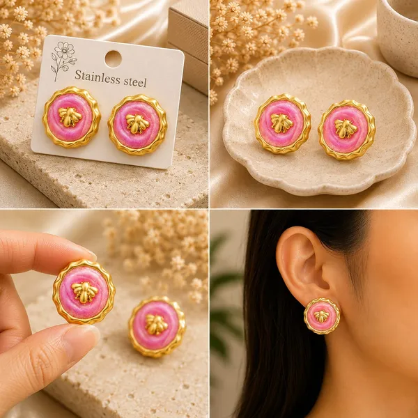 Pink_Floral_Round_Stud_Earrings_With_Golden_Bee_Design_For_Women_Elegant_Statement_Fashion_Jewellery_Trendy_Party_Festive_And_Casual_Wear_Earrings