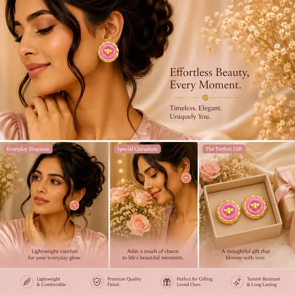 Pink_Floral_Round_Stud_Earrings_With_Golden_Bee_Design_For_Women_Elegant_Statement_Fashion_Jewellery_Trendy_Party_Festive_And_Casual_Wear_Earrings
