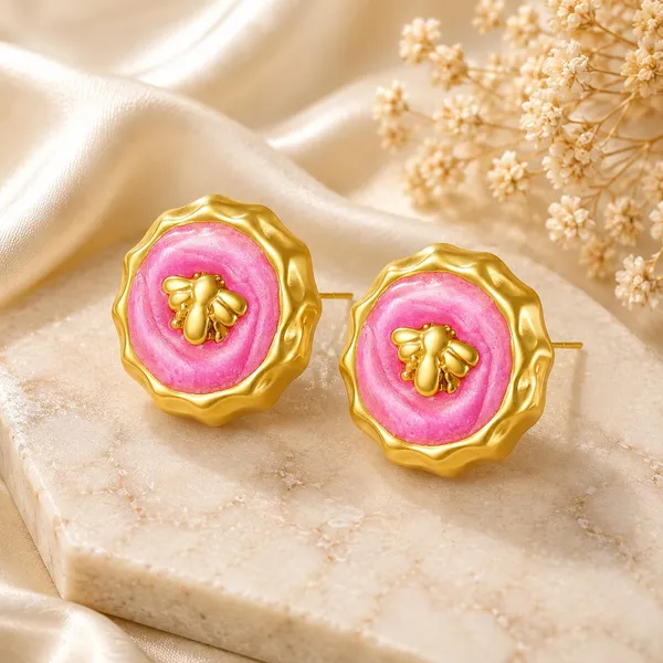 Pink_Floral_Round_Stud_Earrings_With_Golden_Bee_Design_For_Women_Elegant_Statement_Fashion_Jewellery_Trendy_Party_Festive_And_Casual_Wear_Earrings