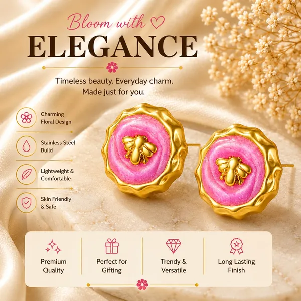 Pink_Floral_Round_Stud_Earrings_With_Golden_Bee_Design_For_Women_Elegant_Statement_Fashion_Jewellery_Trendy_Party_Festive_And_Casual_Wear_Earrings