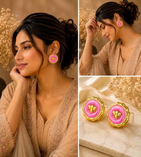 Pink_Floral_Round_Stud_Earrings_With_Golden_Bee_Design_For_Women_Elegant_Statement_Fashion_Jewellery_Trendy_Party_Festive_And_Casual_Wear_Earrings