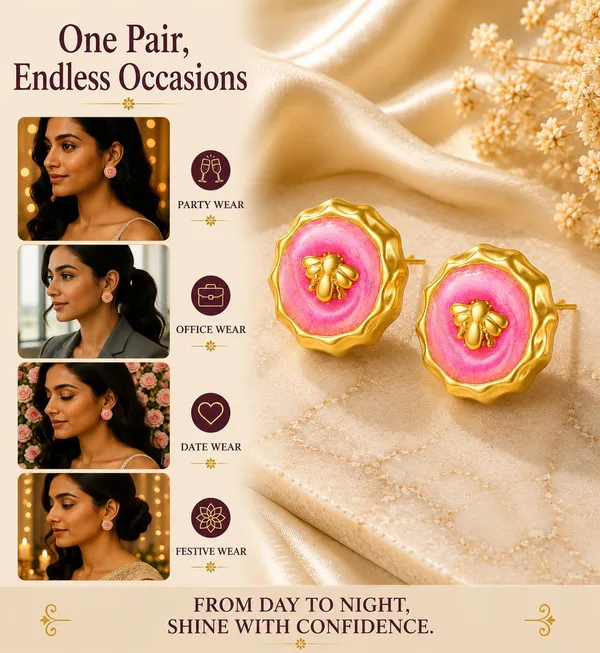Pink_Floral_Round_Stud_Earrings_With_Golden_Bee_Design_For_Women_Elegant_Statement_Fashion_Jewellery_Trendy_Party_Festive_And_Casual_Wear_Earrings