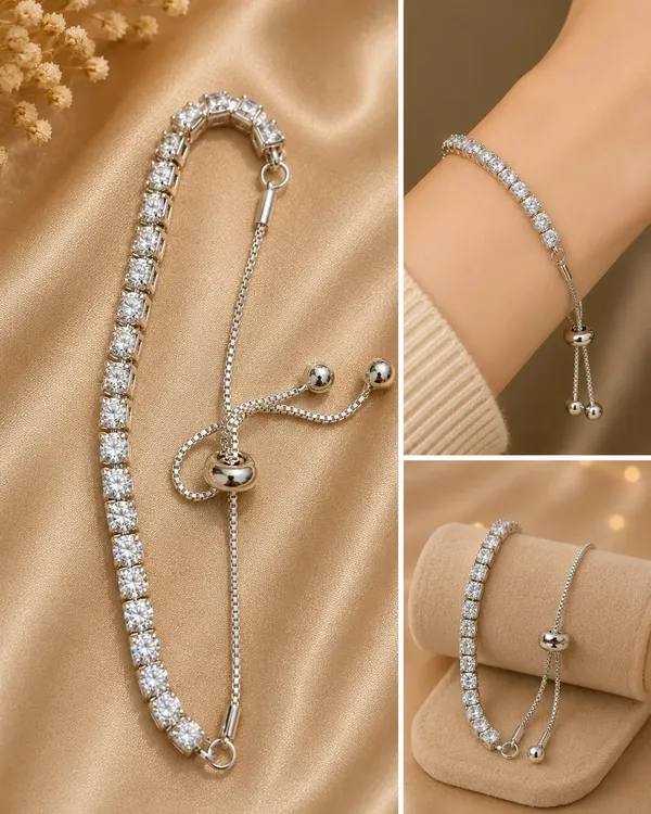Elegant_Silver_Tennis_Bracelet_For_Women_Sparkling_Round_Crystal_Link_Chain_With_Adjustable_Bolo_Sliding_Clasp_Stylish_Minimalist_Bracelet_For_Daily_Wear_Party_Wedding_Festive_And_Special_Occasions