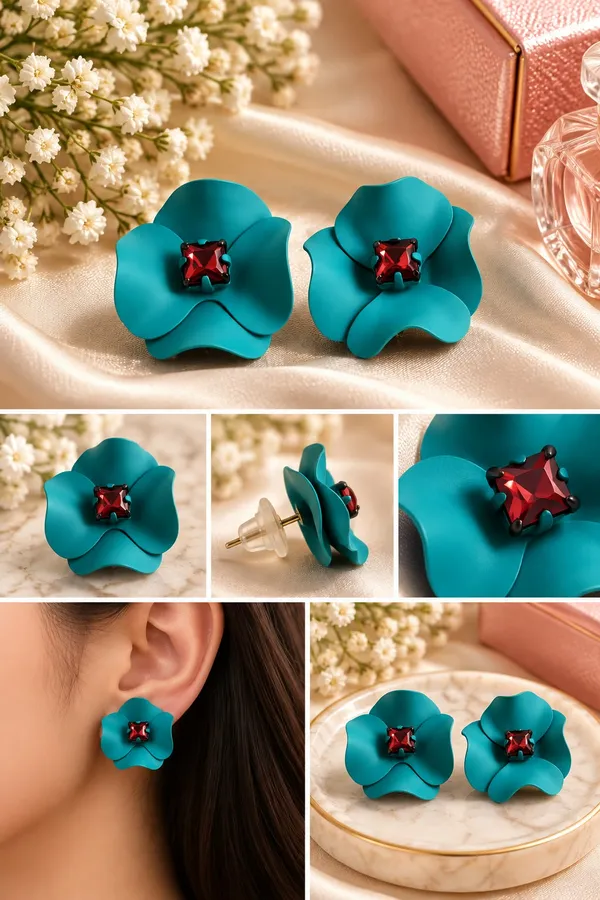 Elegant_Teal_Blue_Flower_Stud_Earrings_For_Women_With_Red_Crystal_Center_Statement_Floral_Fashion_Jewellery_For_Party_Festive_And_Special_Occasions