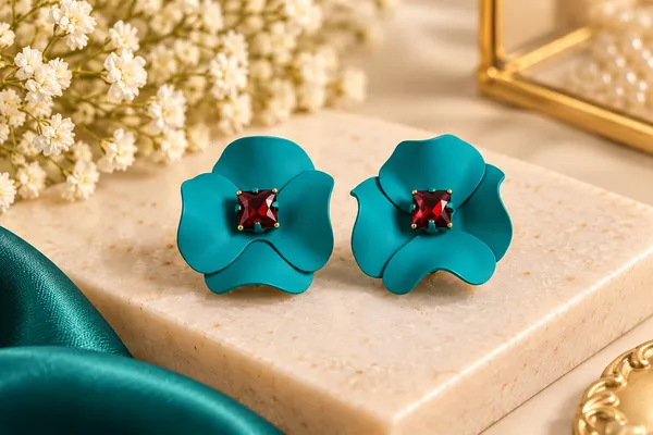Elegant_Teal_Blue_Flower_Stud_Earrings_For_Women_With_Red_Crystal_Center_Statement_Floral_Fashion_Jewellery_For_Party_Festive_And_Special_Occasions