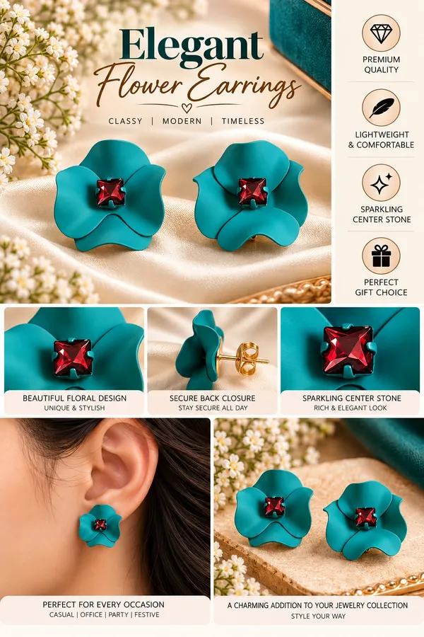 Elegant_Teal_Blue_Flower_Stud_Earrings_For_Women_With_Red_Crystal_Center_Statement_Floral_Fashion_Jewellery_For_Party_Festive_And_Special_Occasions