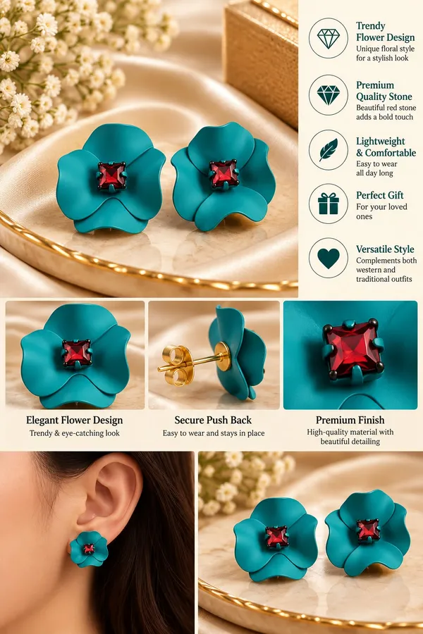 Elegant_Teal_Blue_Flower_Stud_Earrings_For_Women_With_Red_Crystal_Center_Statement_Floral_Fashion_Jewellery_For_Party_Festive_And_Special_Occasions