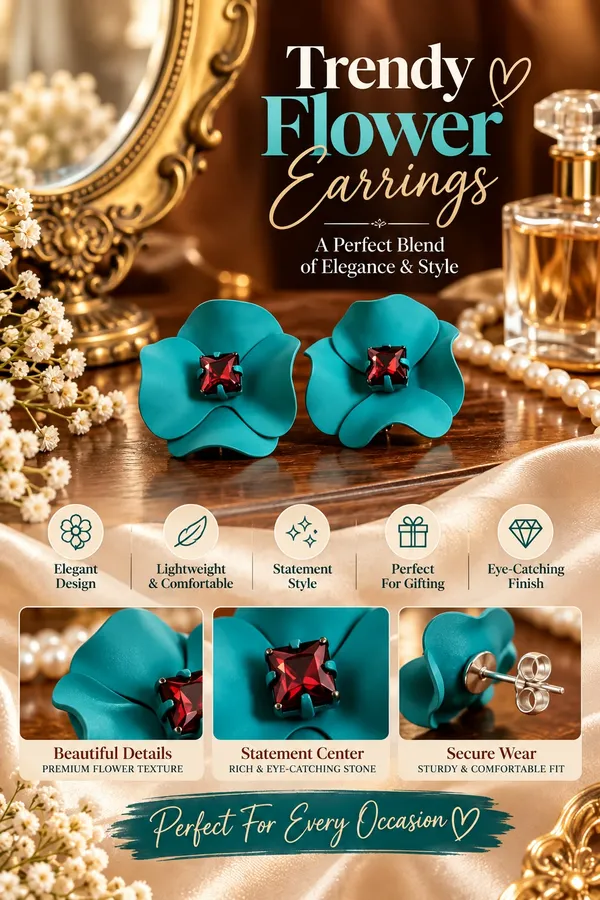 Elegant_Teal_Blue_Flower_Stud_Earrings_For_Women_With_Red_Crystal_Center_Statement_Floral_Fashion_Jewellery_For_Party_Festive_And_Special_Occasions