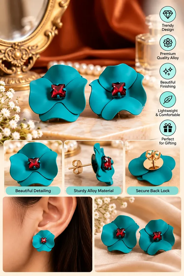 Elegant_Teal_Blue_Flower_Stud_Earrings_For_Women_With_Red_Crystal_Center_Statement_Floral_Fashion_Jewellery_For_Party_Festive_And_Special_Occasions