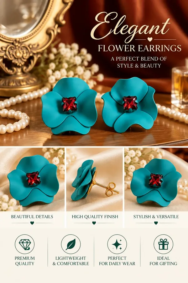 Elegant_Teal_Blue_Flower_Stud_Earrings_For_Women_With_Red_Crystal_Center_Statement_Floral_Fashion_Jewellery_For_Party_Festive_And_Special_Occasions