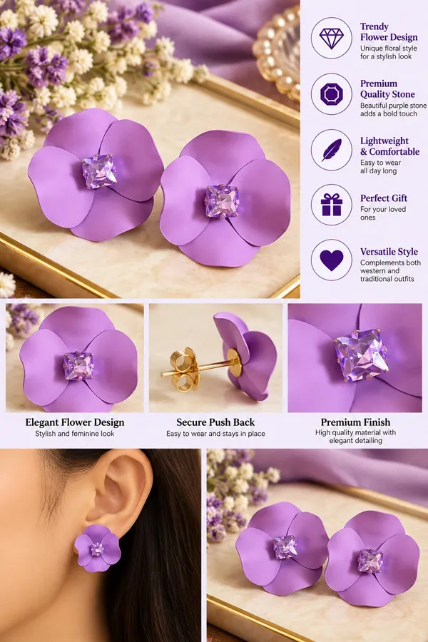 Elegant_Purple_Flower_Stud_Earrings_For_Women_With_Sparkling_Crystal_Center_Statement_Floral_Fashion_Jewellery_For_Party_Festive_And_Special_Occasions