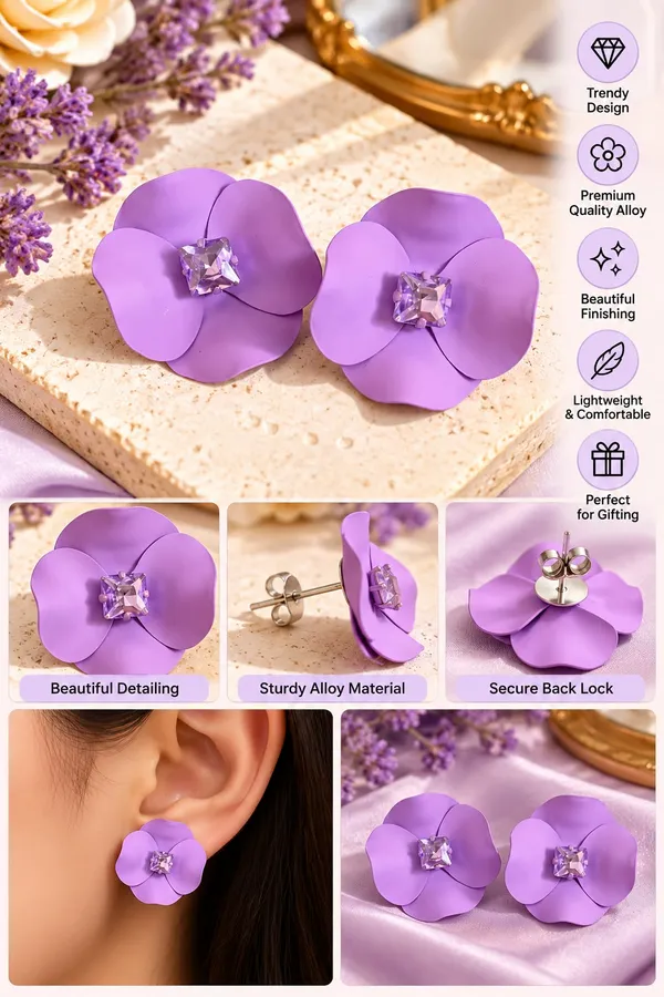 Elegant_Purple_Flower_Stud_Earrings_For_Women_With_Sparkling_Crystal_Center_Statement_Floral_Fashion_Jewellery_For_Party_Festive_And_Special_Occasions