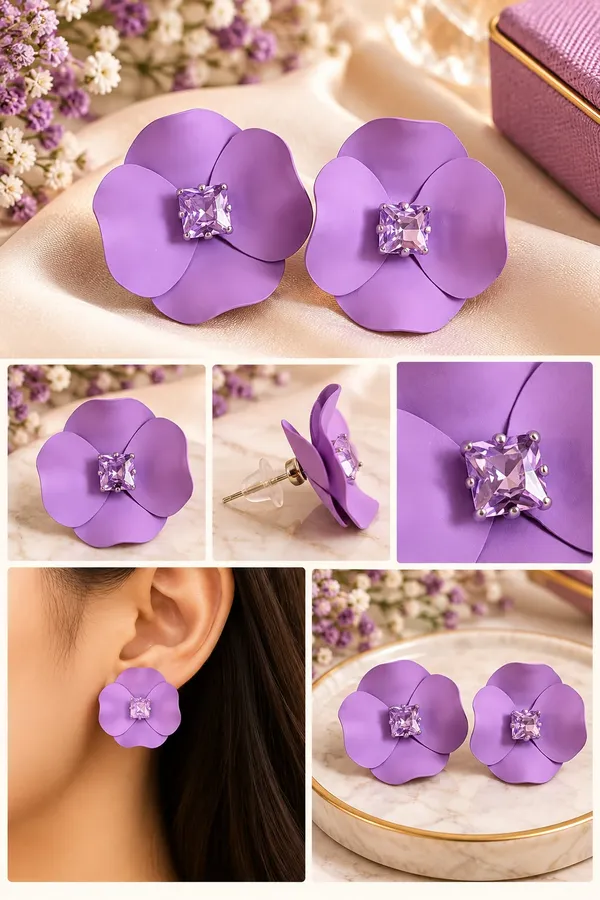 Elegant_Purple_Flower_Stud_Earrings_For_Women_With_Sparkling_Crystal_Center_Statement_Floral_Fashion_Jewellery_For_Party_Festive_And_Special_Occasions