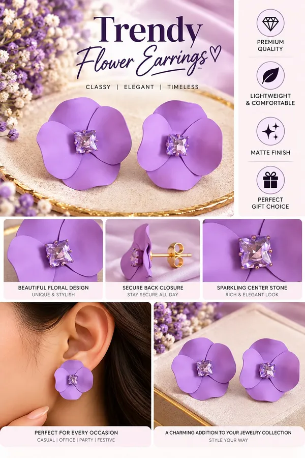 Elegant_Purple_Flower_Stud_Earrings_For_Women_With_Sparkling_Crystal_Center_Statement_Floral_Fashion_Jewellery_For_Party_Festive_And_Special_Occasions
