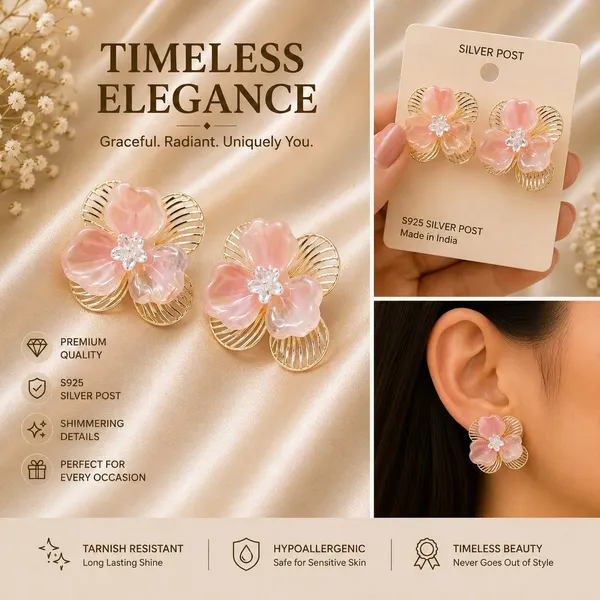 Elegant_Pink_Floral_Stud_Earrings_For_Women_Layered_Flower_Design_With_Gold_Tone_Wire_Petals_And_Chic_Crystal_Center_Trendy_Fashion_Jewellery_For_Party_Wedding_And_Festive_Wear