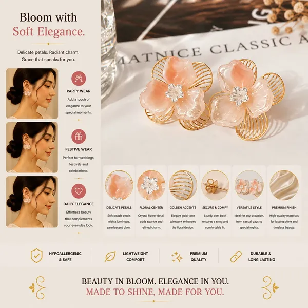 Elegant_Pink_Floral_Stud_Earrings_For_Women_Layered_Flower_Design_With_Gold_Tone_Wire_Petals_And_Chic_Crystal_Center_Trendy_Fashion_Jewellery_For_Party_Wedding_And_Festive_Wear
