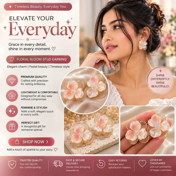 Elegant_Pink_Floral_Stud_Earrings_For_Women_Layered_Flower_Design_With_Gold_Tone_Wire_Petals_And_Chic_Crystal_Center_Trendy_Fashion_Jewellery_For_Party_Wedding_And_Festive_Wear