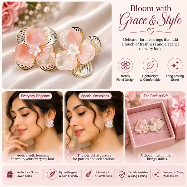 Elegant_Pink_Floral_Stud_Earrings_For_Women_Layered_Flower_Design_With_Gold_Tone_Wire_Petals_And_Chic_Crystal_Center_Trendy_Fashion_Jewellery_For_Party_Wedding_And_Festive_Wear