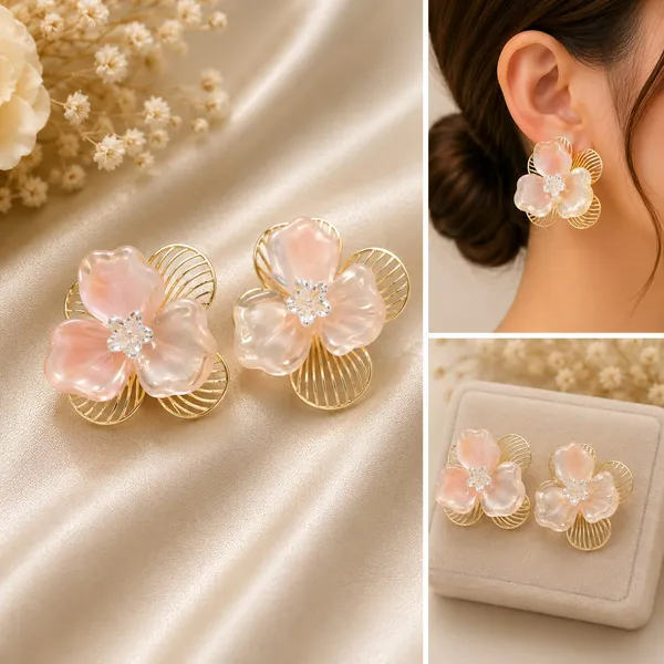 Elegant_Pink_Floral_Stud_Earrings_For_Women_Layered_Flower_Design_With_Gold_Tone_Wire_Petals_And_Chic_Crystal_Center_Trendy_Fashion_Jewellery_For_Party_Wedding_And_Festive_Wear