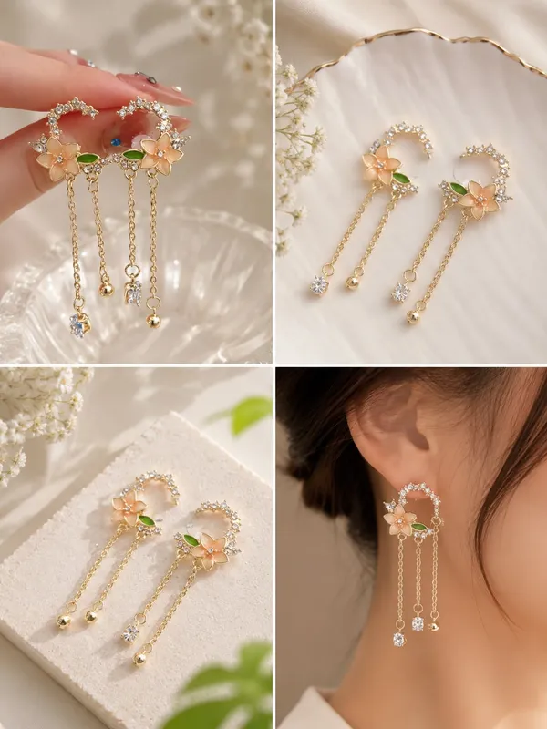 Elegant_Floral_Crystal_Hoop_Drop_Earrings_For_Women_Gold_Tone_Rhinestone_Flower_Chain_Statement_Jewellery_For_Party_Wedding_Festive_And_Special_Occasion_Wear