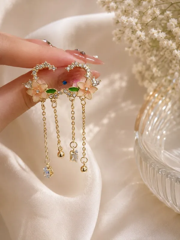 Elegant_Floral_Crystal_Hoop_Drop_Earrings_For_Women_Gold_Tone_Rhinestone_Flower_Chain_Statement_Jewellery_For_Party_Wedding_Festive_And_Special_Occasion_Wear