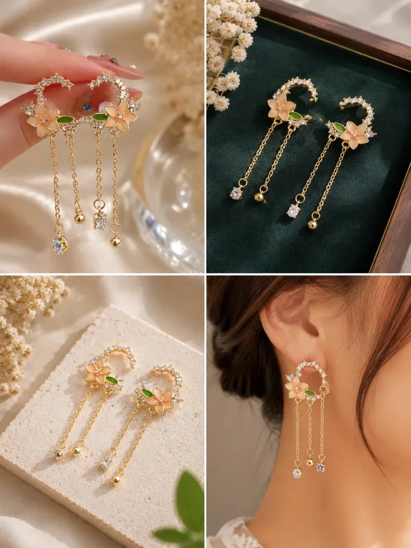 Elegant_Floral_Crystal_Hoop_Drop_Earrings_For_Women_Gold_Tone_Rhinestone_Flower_Chain_Statement_Jewellery_For_Party_Wedding_Festive_And_Special_Occasion_Wear