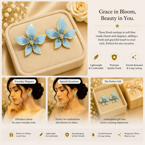 Elegant_Light_Blue_Floral_Stud_Earrings_For_Women_Beautiful_Enamel_Flower_Design_With_Sparkling_Center_Gold_Tone_Finish_Lightweight_Trendy_Fashion_Jewellery_For_Daily_Wear_Party_Wedding_And_Festive_Occasions