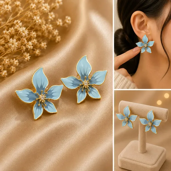 Elegant_Light_Blue_Floral_Stud_Earrings_For_Women_Beautiful_Enamel_Flower_Design_With_Sparkling_Center_Gold_Tone_Finish_Lightweight_Trendy_Fashion_Jewellery_For_Daily_Wear_Party_Wedding_And_Festive_Occasions