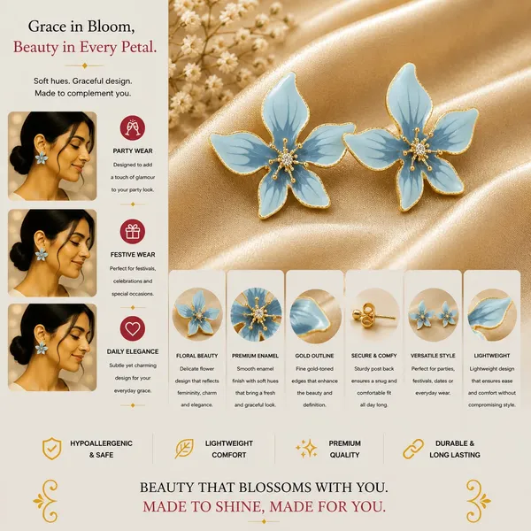 Elegant_Light_Blue_Floral_Stud_Earrings_For_Women_Beautiful_Enamel_Flower_Design_With_Sparkling_Center_Gold_Tone_Finish_Lightweight_Trendy_Fashion_Jewellery_For_Daily_Wear_Party_Wedding_And_Festive_Occasions