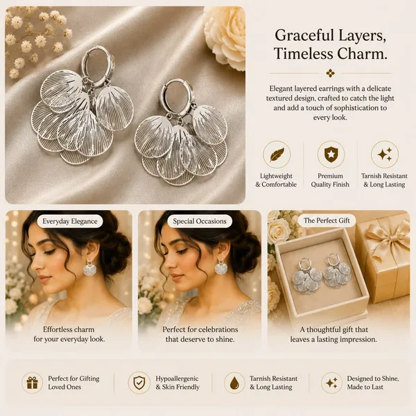 Elegant_Silver_Tone_Floral_Drop_Earrings_For_Women_Layered_Petal_Design_With_Fine_Line_Texture_Stylish_Statement_Fashion_Jewellery_For_Party_Wedding_Festive_And_Special_Occasions