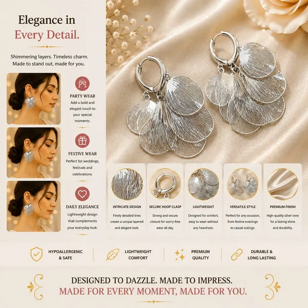 Elegant_Silver_Tone_Floral_Drop_Earrings_For_Women_Layered_Petal_Design_With_Fine_Line_Texture_Stylish_Statement_Fashion_Jewellery_For_Party_Wedding_Festive_And_Special_Occasions