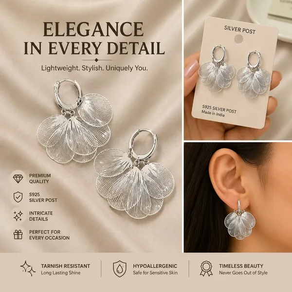Elegant_Silver_Tone_Floral_Drop_Earrings_For_Women_Layered_Petal_Design_With_Fine_Line_Texture_Stylish_Statement_Fashion_Jewellery_For_Party_Wedding_Festive_And_Special_Occasions