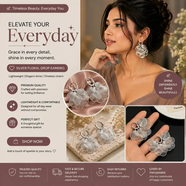 Elegant_Silver_Tone_Floral_Drop_Earrings_For_Women_Layered_Petal_Design_With_Fine_Line_Texture_Stylish_Statement_Fashion_Jewellery_For_Party_Wedding_Festive_And_Special_Occasions