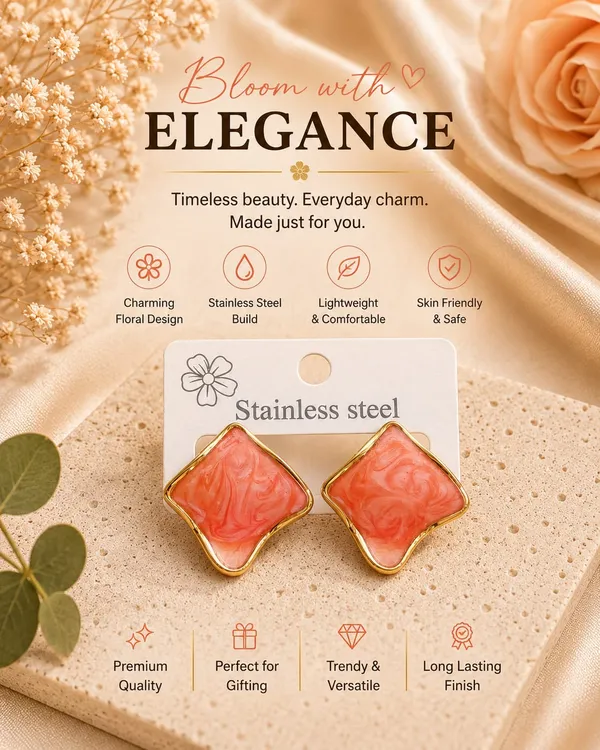 Elegant_Coral_Pink_Enamel_Square_Stud_Earrings_For_Women_Gold_Tone_Geometric_Statement_Design_Stylish_Stainless_Steel_Fashion_Jewellery_For_Party_Office_Festive_And_Everyday_Wear