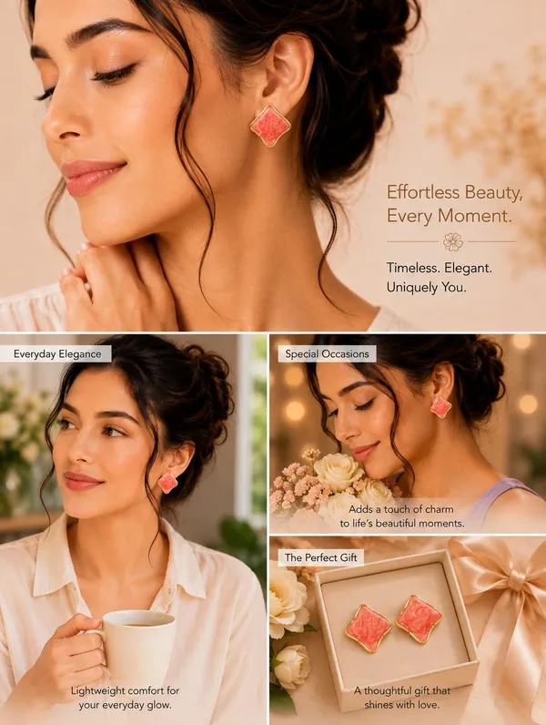 Elegant_Coral_Pink_Enamel_Square_Stud_Earrings_For_Women_Gold_Tone_Geometric_Statement_Design_Stylish_Stainless_Steel_Fashion_Jewellery_For_Party_Office_Festive_And_Everyday_Wear