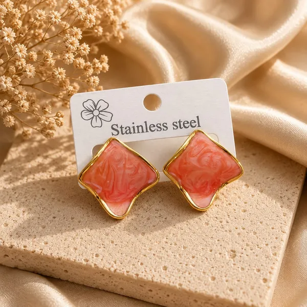 Elegant_Coral_Pink_Enamel_Square_Stud_Earrings_For_Women_Gold_Tone_Geometric_Statement_Design_Stylish_Stainless_Steel_Fashion_Jewellery_For_Party_Office_Festive_And_Everyday_Wear