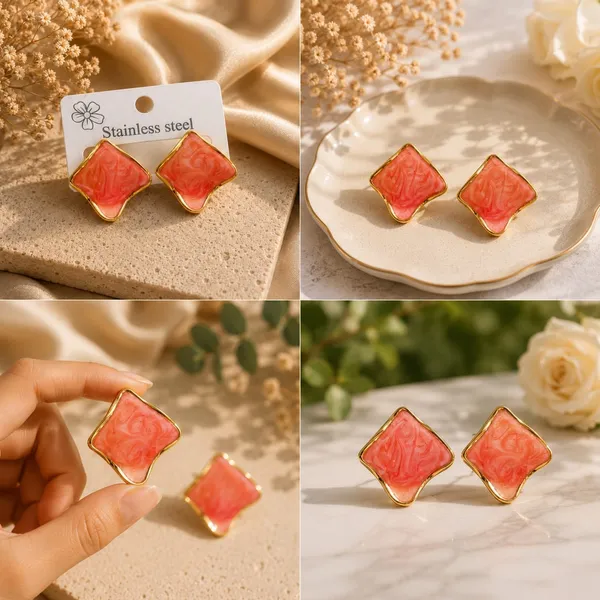 Elegant_Coral_Pink_Enamel_Square_Stud_Earrings_For_Women_Gold_Tone_Geometric_Statement_Design_Stylish_Stainless_Steel_Fashion_Jewellery_For_Party_Office_Festive_And_Everyday_Wear