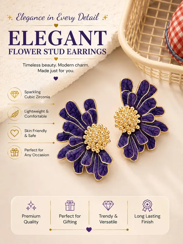 Elegant_Purple_Floral_Statement_Stud_Earrings_For_Women_And_Girls_Gold_Tone_Layered_Flower_Earrings_With_Intricate_Beaded_Center_And_Textured_Purple_Enamel_Finish_Stylish_Jewellery_For_Party_Wedding_Festive_And_Everyday_Wear