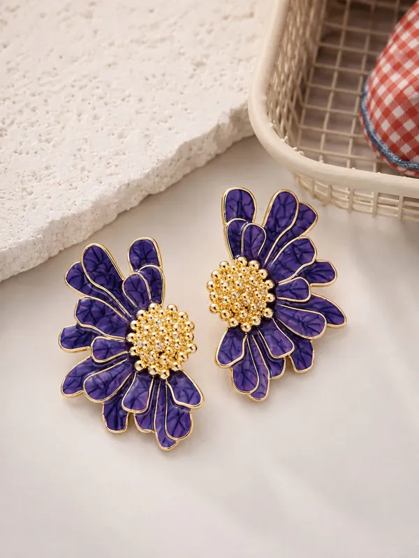Elegant_Purple_Floral_Statement_Stud_Earrings_For_Women_And_Girls_Gold_Tone_Layered_Flower_Earrings_With_Intricate_Beaded_Center_And_Textured_Purple_Enamel_Finish_Stylish_Jewellery_For_Party_Wedding_Festive_And_Everyday_Wear