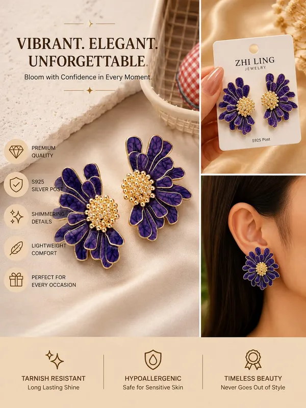 Elegant_Purple_Floral_Statement_Stud_Earrings_For_Women_And_Girls_Gold_Tone_Layered_Flower_Earrings_With_Intricate_Beaded_Center_And_Textured_Purple_Enamel_Finish_Stylish_Jewellery_For_Party_Wedding_Festive_And_Everyday_Wear
