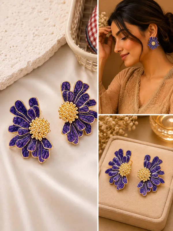 Elegant_Purple_Floral_Statement_Stud_Earrings_For_Women_And_Girls_Gold_Tone_Layered_Flower_Earrings_With_Intricate_Beaded_Center_And_Textured_Purple_Enamel_Finish_Stylish_Jewellery_For_Party_Wedding_Festive_And_Everyday_Wear