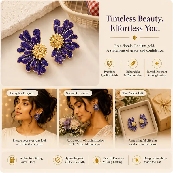 Elegant_Purple_Floral_Statement_Stud_Earrings_For_Women_And_Girls_Gold_Tone_Layered_Flower_Earrings_With_Intricate_Beaded_Center_And_Textured_Purple_Enamel_Finish_Stylish_Jewellery_For_Party_Wedding_Festive_And_Everyday_Wear