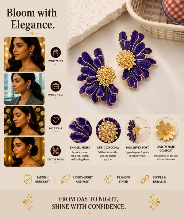 Elegant_Purple_Floral_Statement_Stud_Earrings_For_Women_And_Girls_Gold_Tone_Layered_Flower_Earrings_With_Intricate_Beaded_Center_And_Textured_Purple_Enamel_Finish_Stylish_Jewellery_For_Party_Wedding_Festive_And_Everyday_Wear