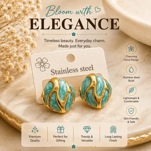Aqua_Blue_Enamel_Round_Stud_Earrings_For_Women_Gold_Tone_Wavy_Pattern_Elegant_Trendy_Fashion_Jewellery_For_Casual_Party_Festive_Wear